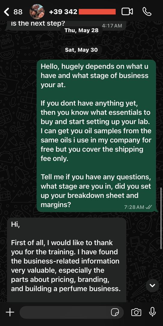 Screenshot of a second student message reviewing the course